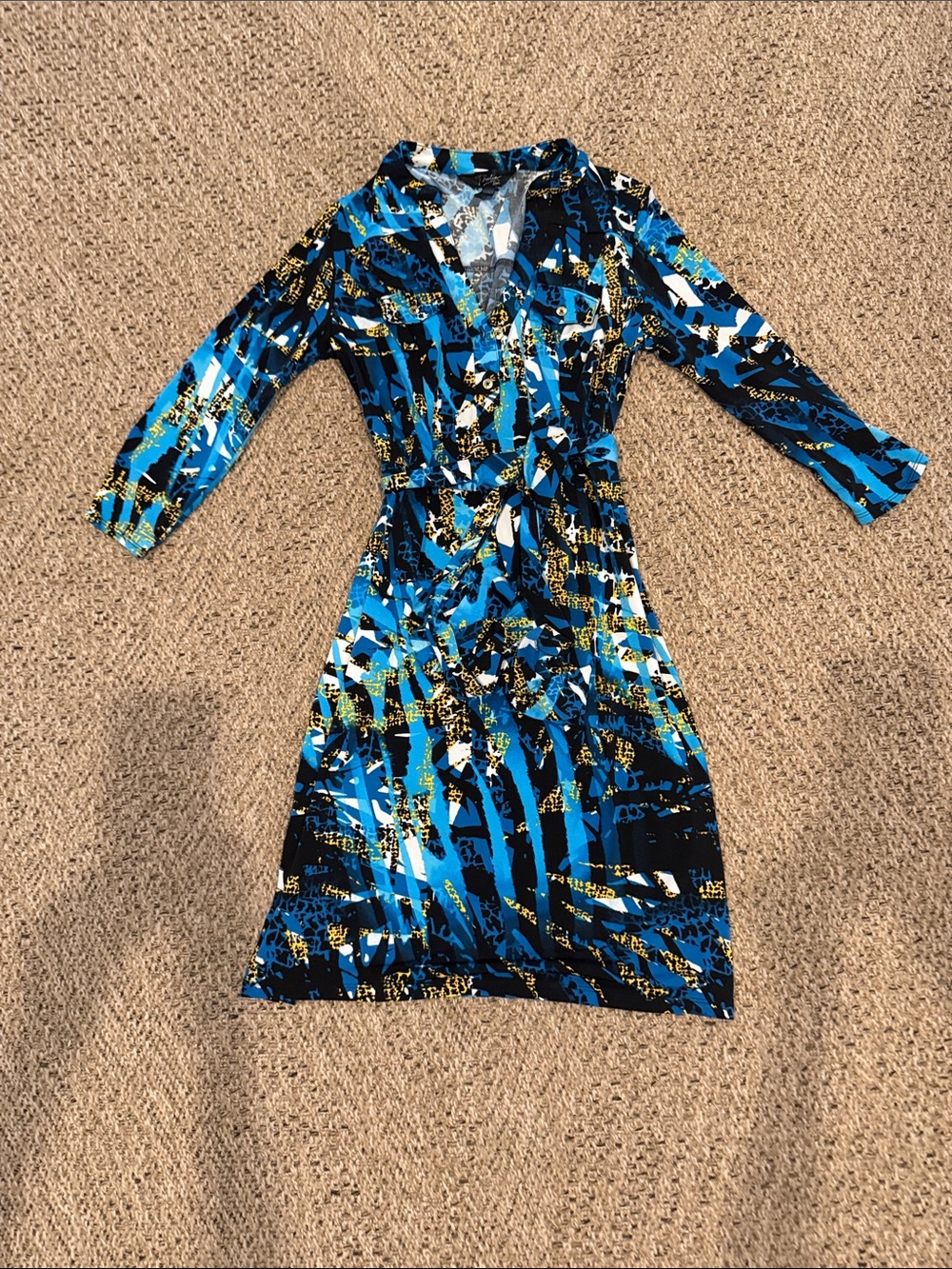 Blue Abstract Print Long-Sleeve Faux-Wrap Dress